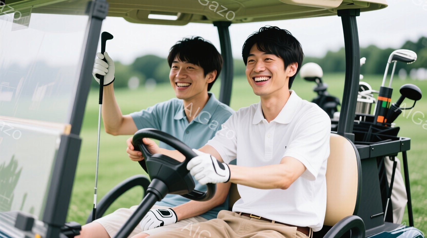 二人の男性がゴルフカートに乗り、楽しそうに笑っています。運転席の男性は白いポロシャツとベージュのズボン、ゴルフグローブを着用し、運転しながら満面の笑みを浮かべています。背景には緑豊かなゴルフコースが広がり、晴天の下、爽やかな雰囲気が漂っています。