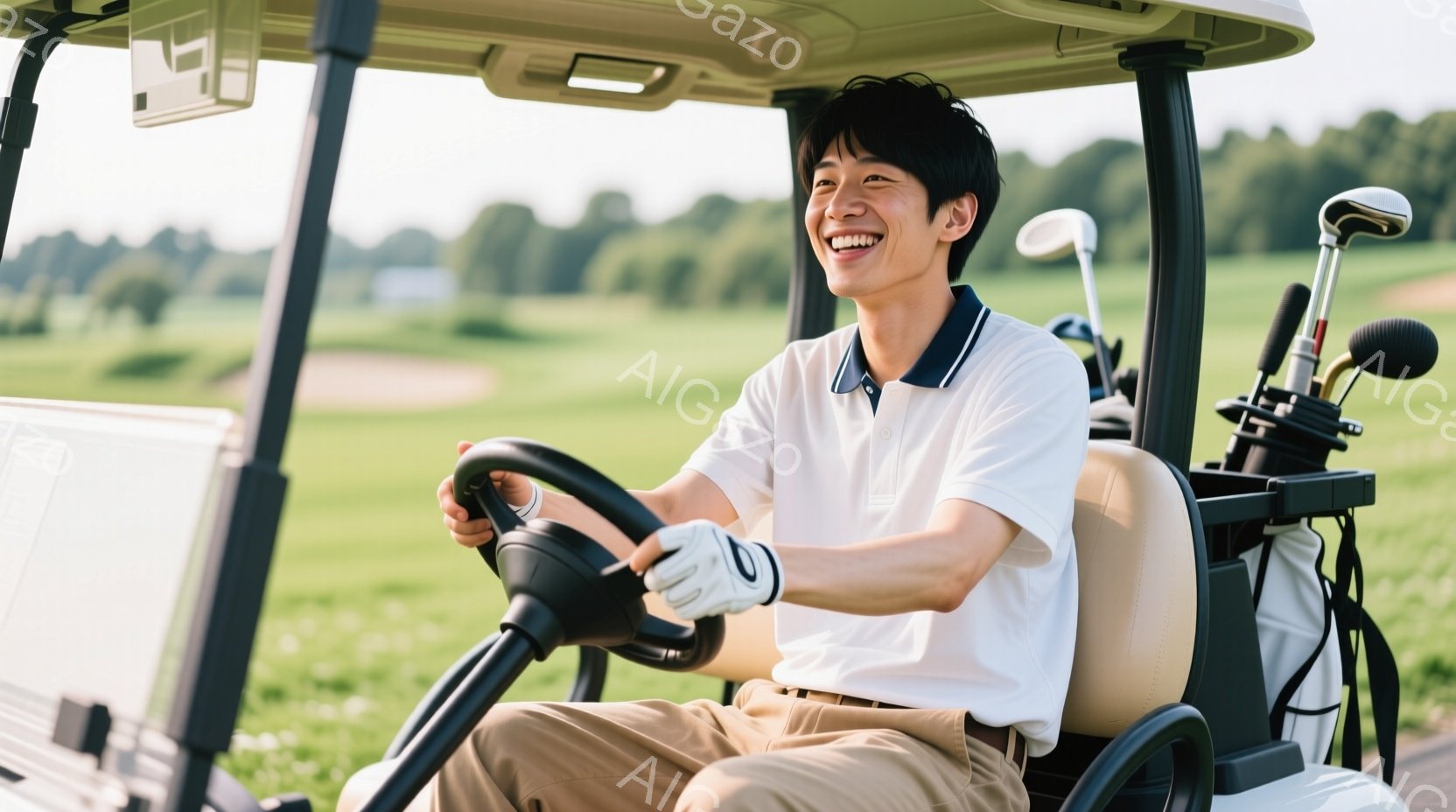 若い男性がゴルフカートを運転しており、白いポロシャツにベージュ色のズボンを着用し、ゴルフグローブをはめています。彼は満面の笑みを浮かべ、リラックスした姿勢でハンドルを握っています。背景には緑豊かなゴル - AI生成フリー素材