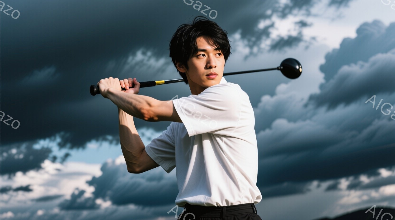 ゴルファーがスイングしている様子が写っている。彼は白いシャツに黒いズボンを着用し、短髪で引き締まった表情をしている。背景は曇り空で、ゴルフコースの一部がわずかに見え、全体的に力強く集中した雰囲気を醸し出している。