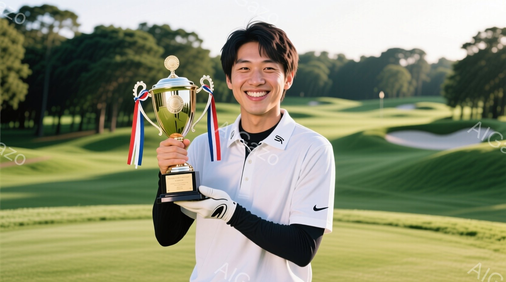 若い男性がゴルフ場でトロフィーを手に笑顔で立っている。彼は白いポロシャツに黒いアンダーウェア、そしてゴルフグローブを着用し、短く整髪された髪型をしている。背景には緑豊かなゴルフコースが広がり、晴天の下 - AI生成フリー素材