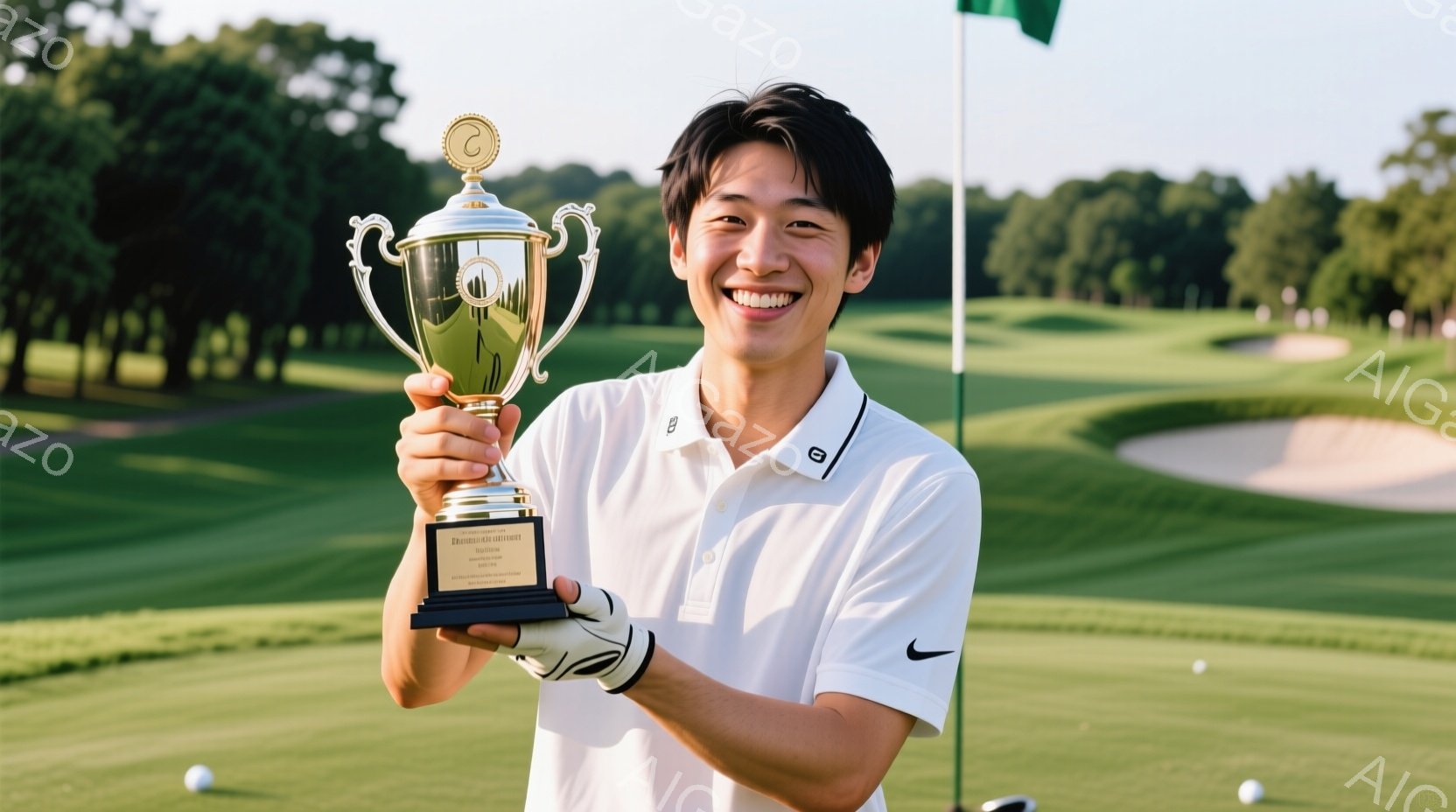 若い男性がゴルフ場でトロフィーを掲げて笑顔を浮かべている。白いポロシャツにゴルフウェア、左手にはゴルフグローブを着用し、髪型は短く整えられている。背景には緑豊かなゴルフコースが広がり、晴天の下、爽やか - AI生成フリー素材