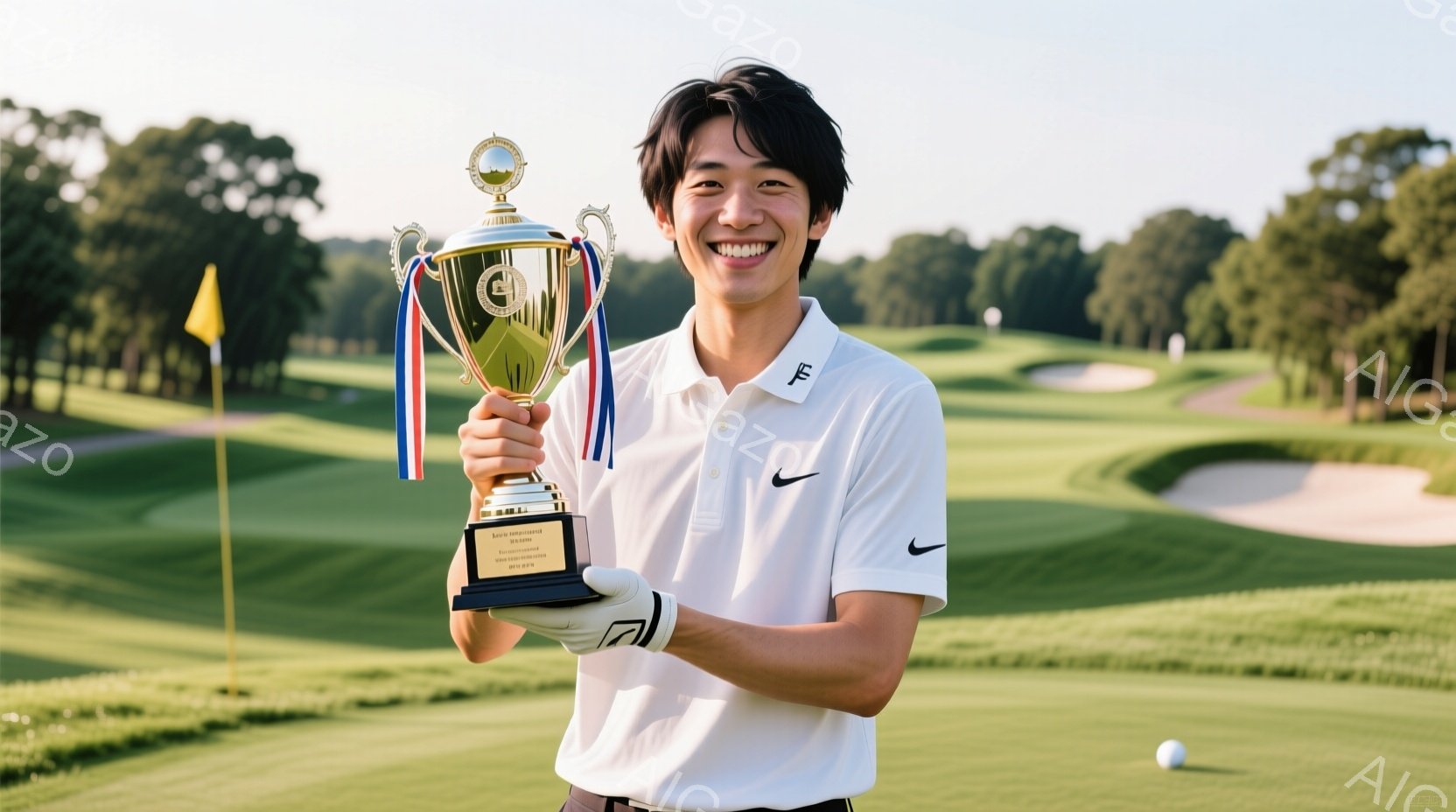 若い男性がゴルフ場でトロフィーを抱えて微笑んでいます。彼は白いポロシャツにゴルフグローブを着用し、黒髪を短く整えています。背景には緑豊かなゴルフコースが広がり、晴天の下、明るい雰囲気が漂っています。 - AI生成フリー素材
