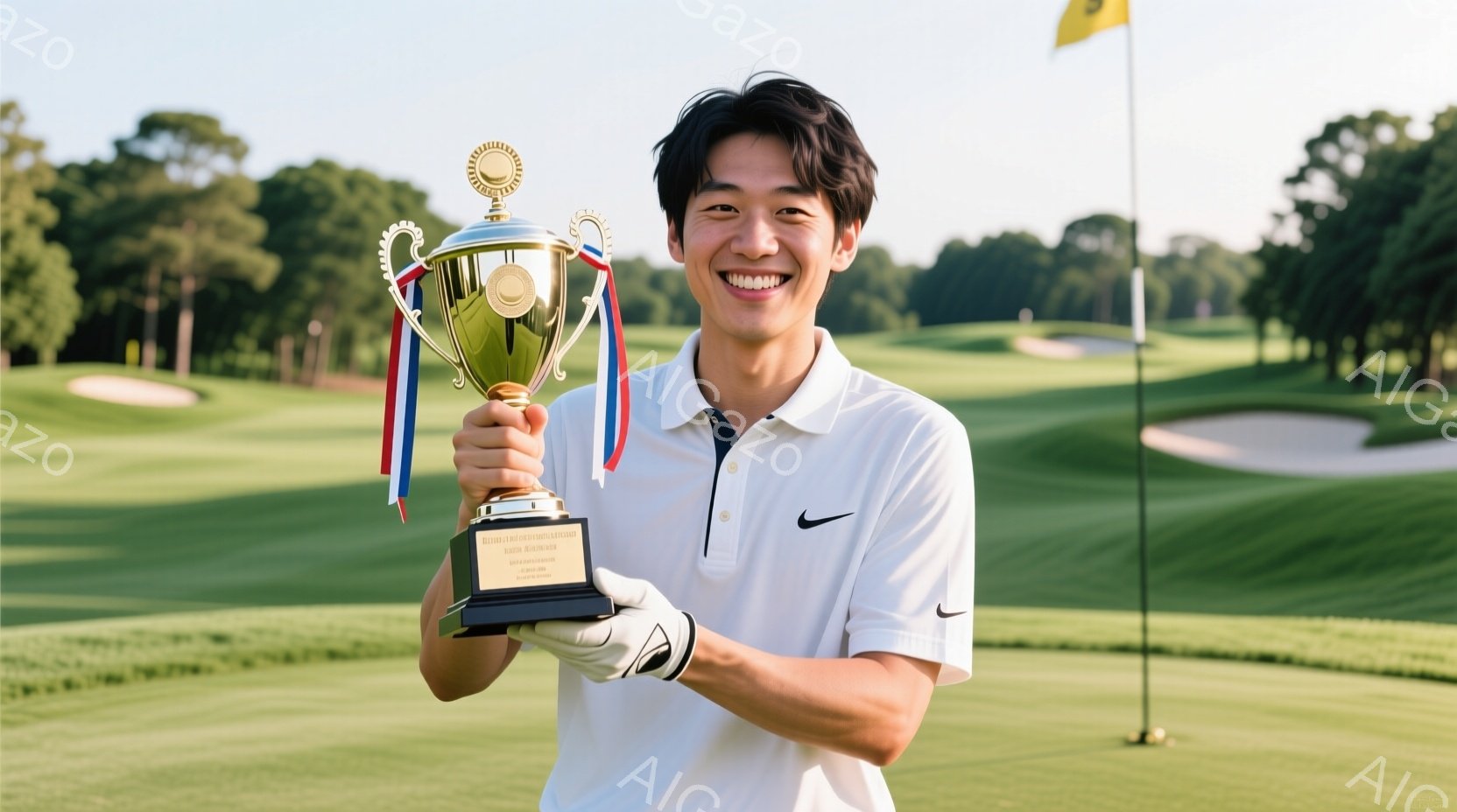 若い男性がゴルフのトロフィーを誇らしげに抱えています。彼はポロシャツにチノパン姿で、髪型は短髪です。背景には緑豊かなゴルフコースが広がり、晴天のもとでゴルフ場全体が明るく照らされています。 - AI生成フリー素材