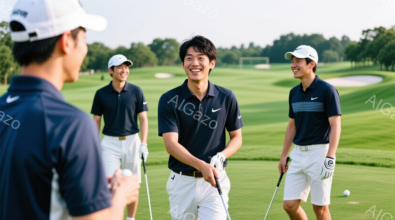 ゴルフコースでゴルフをしている若い男性たちが写っています。彼らは皆、濃い青色のポロシャツと白いショートパンツを着用し、ゴルフキャップをかぶっています。明るい日差しの中で、笑顔でゴルフを楽しんでいる様子 - AI生成フリー素材