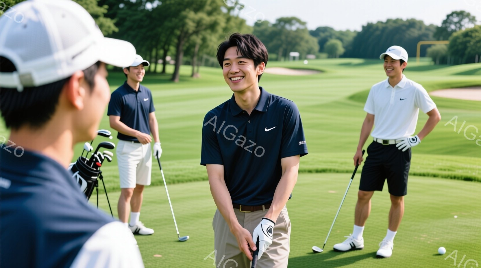 ゴルフコースで3人の若い男性が写っています。一人は濃い青のポロシャツを着ていて、少し微笑んでカメラの方を見ています。背景には緑豊かなゴルフコースが広がり、晴れた空の下、爽やかな雰囲気が漂っています。 - AI生成フリー素材
