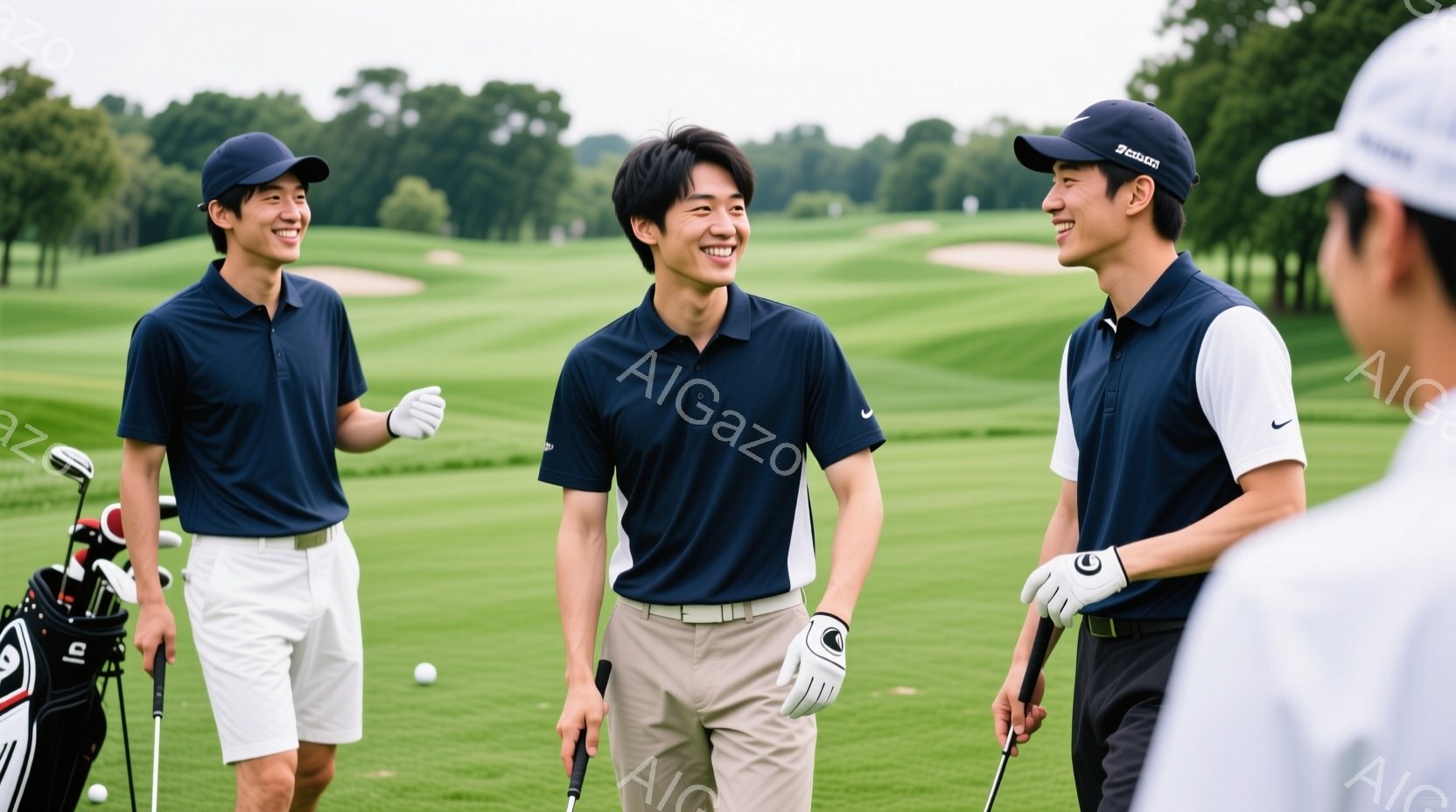 ゴルフコースで楽しそうに笑う3人の若い男性が写っています。彼らは皆、濃い青色のポロシャツと白いショートパンツを着用し、ゴルフウェアとグローブを身につけています。背景には緑豊かなゴルフコースが広がり、晴 - AI生成フリー素材