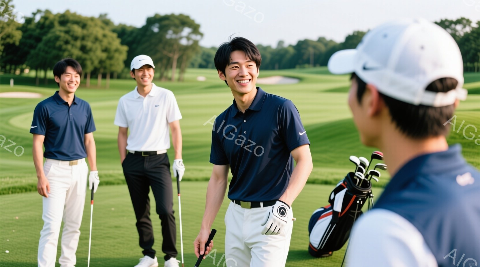 3人の若い男性がゴルフコースに立っている写真です。彼らは全員ポロシャツと白いズボンを着用し、ゴルフウェアを身につけています。背景には緑豊かなゴルフコースが広がり、晴れた空と木々が穏やかな雰囲気を醸し出 - AI生成フリー素材