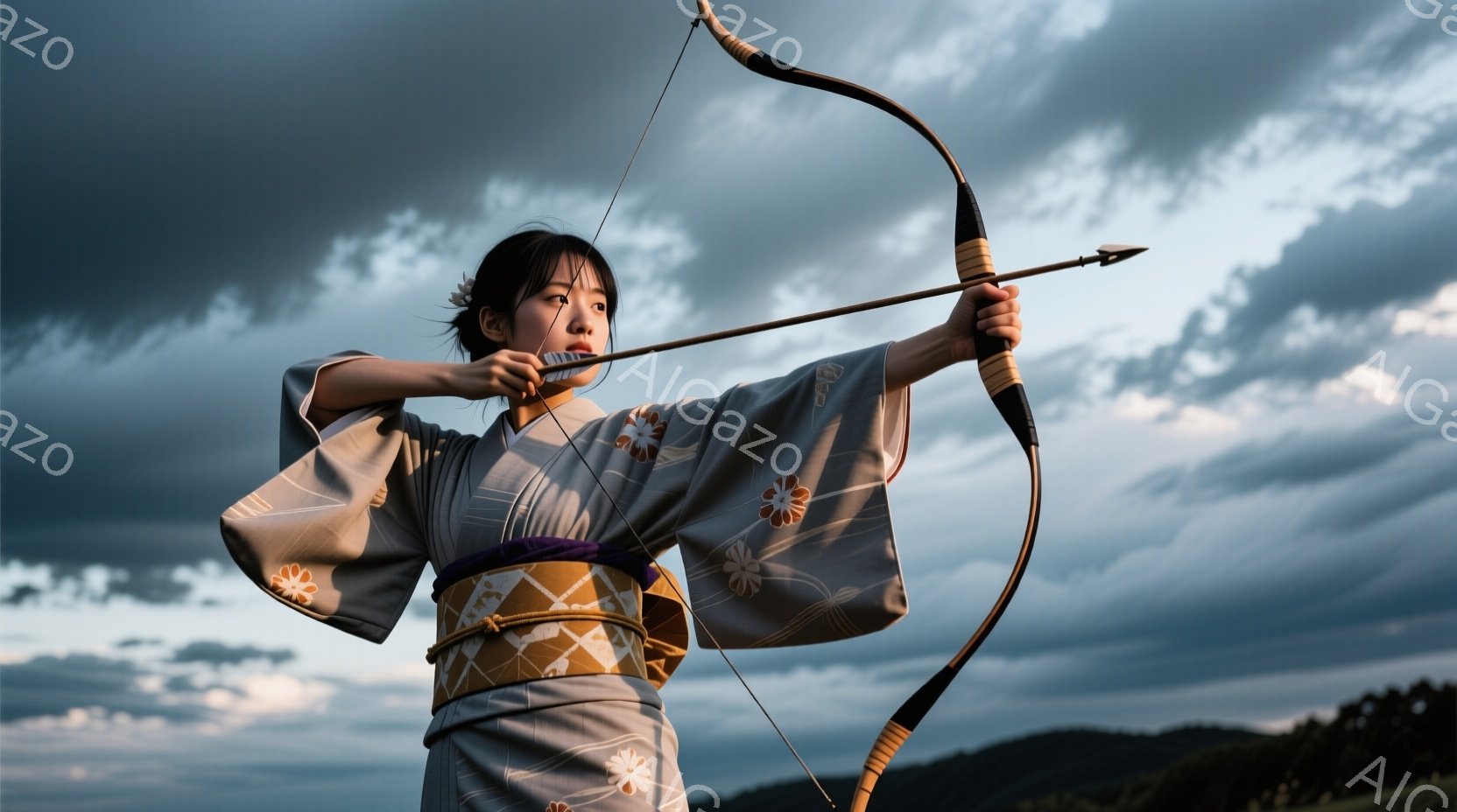 少女は伝統的な着物を身につけ、弓を構える姿が印象的だ。淡い灰色地に花柄が描かれた着物と、紫色の帯が美しい。背景には緑豊かな山々と、曇り空が広がり、どこか幻想的な雰囲気を醸し出している。 - AI生成フリー素材