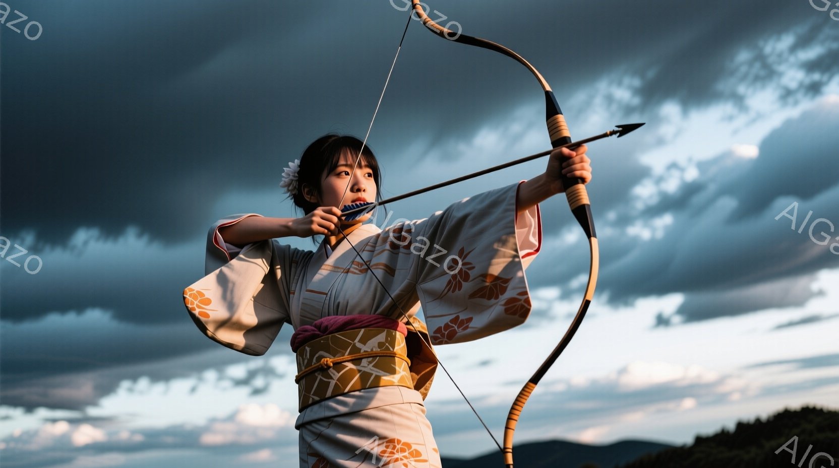 白い雲と夕焼けを背景に、和装の女性が弓を構える姿が描かれている。淡いクリーム色の着物には、金色の蝶の模様が描かれており、腰には鮮やかな橙色の帯が締まっている。彼女は真剣な表情で弓を引き、遠くを見据えて - AI生成フリー素材