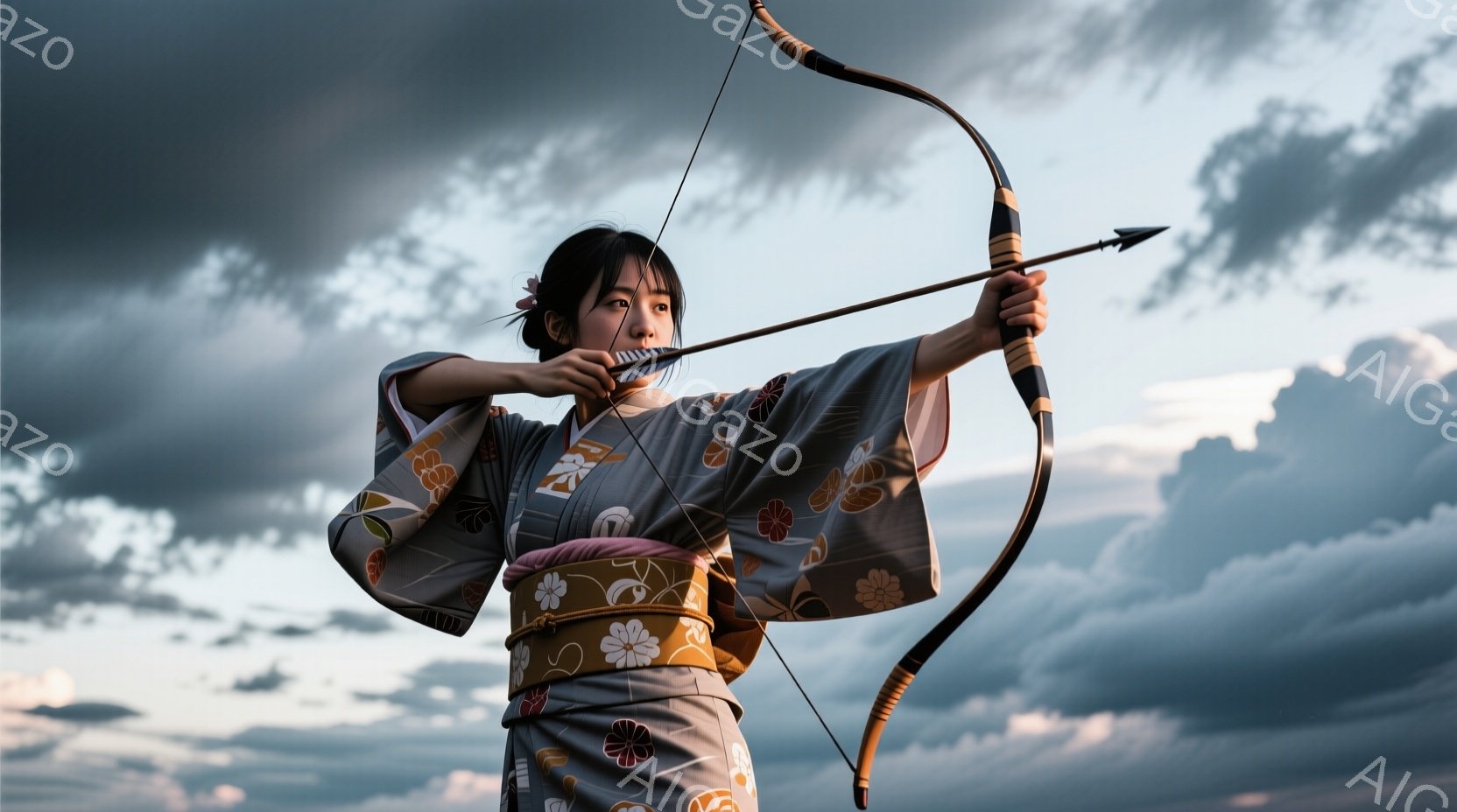 鮮やかな空を背景に、着物を身に着けた女性が弓を構える姿が捉えられています。着物は灰色のベースに、オレンジと白の花柄が描かれており、腰には太い帯が巻かれています。女性は真剣な表情で弓に集中し、引き絞った弓は彼女の力強さを強調しています。