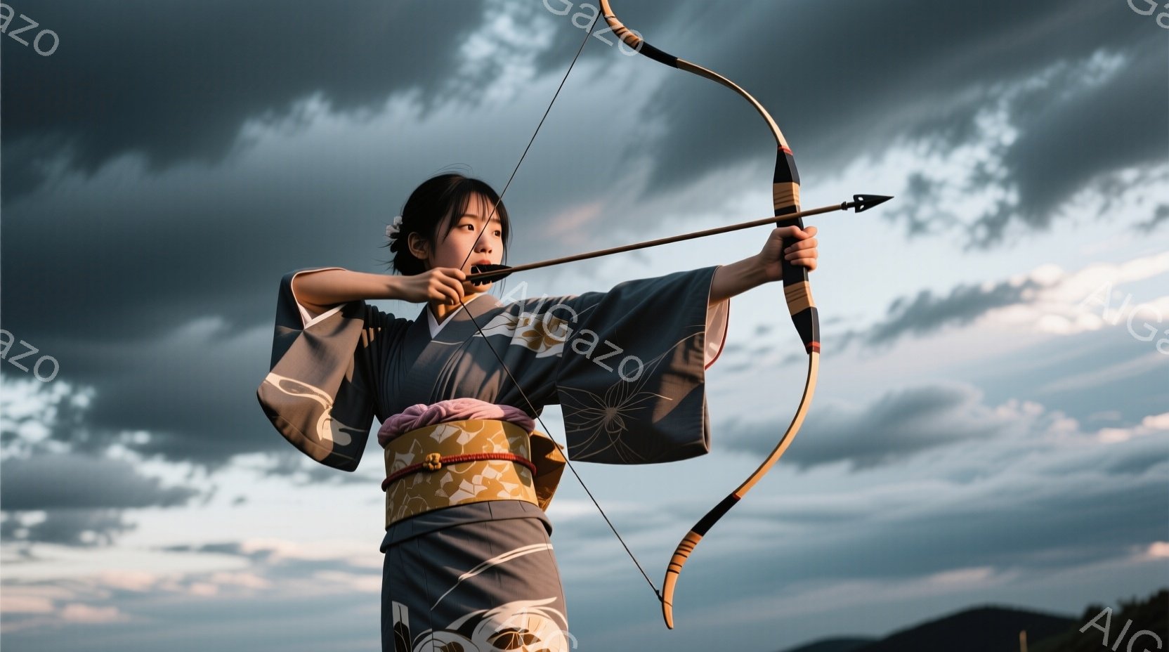 浅灰色とクリーム色の花柄の着物を身につけた女性が、弓を構え、矢を放とうとしています。髪は後ろで一つにまとめられ、表情は真剣で集中しています。背景には、山々と薄暗い雲が広がり、夕暮れ時の静かで神秘的な雰 - AI生成フリー素材