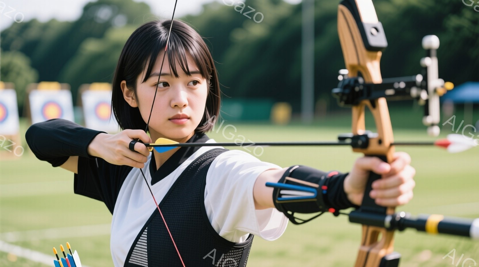 弓道に励む女性が写っている。黒いショートヘアで、白いシャツに黒いベストを着用し、引き絞った弓に対して強い集中力を湛えた表情を見せている。背景には緑の芝生とターゲット、そして遠くに見える建物があり、晴れ - AI生成フリー素材