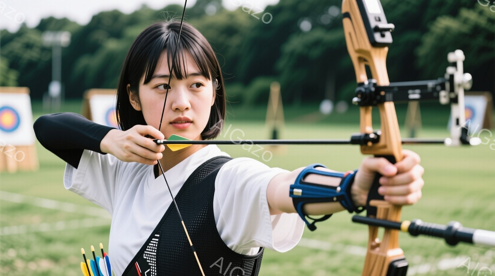 競技者が弓を引き、標的に向かっている様子が写っている。白の半袖シャツと黒の長袖インナー、そしてアーチェリー用のベストを着用し、髪は前髪を下ろしたショートボブスタイルである。背景には緑豊かな自然とアーチェリーの標的が見え、晴れた日の屋外での競技を連想させる。