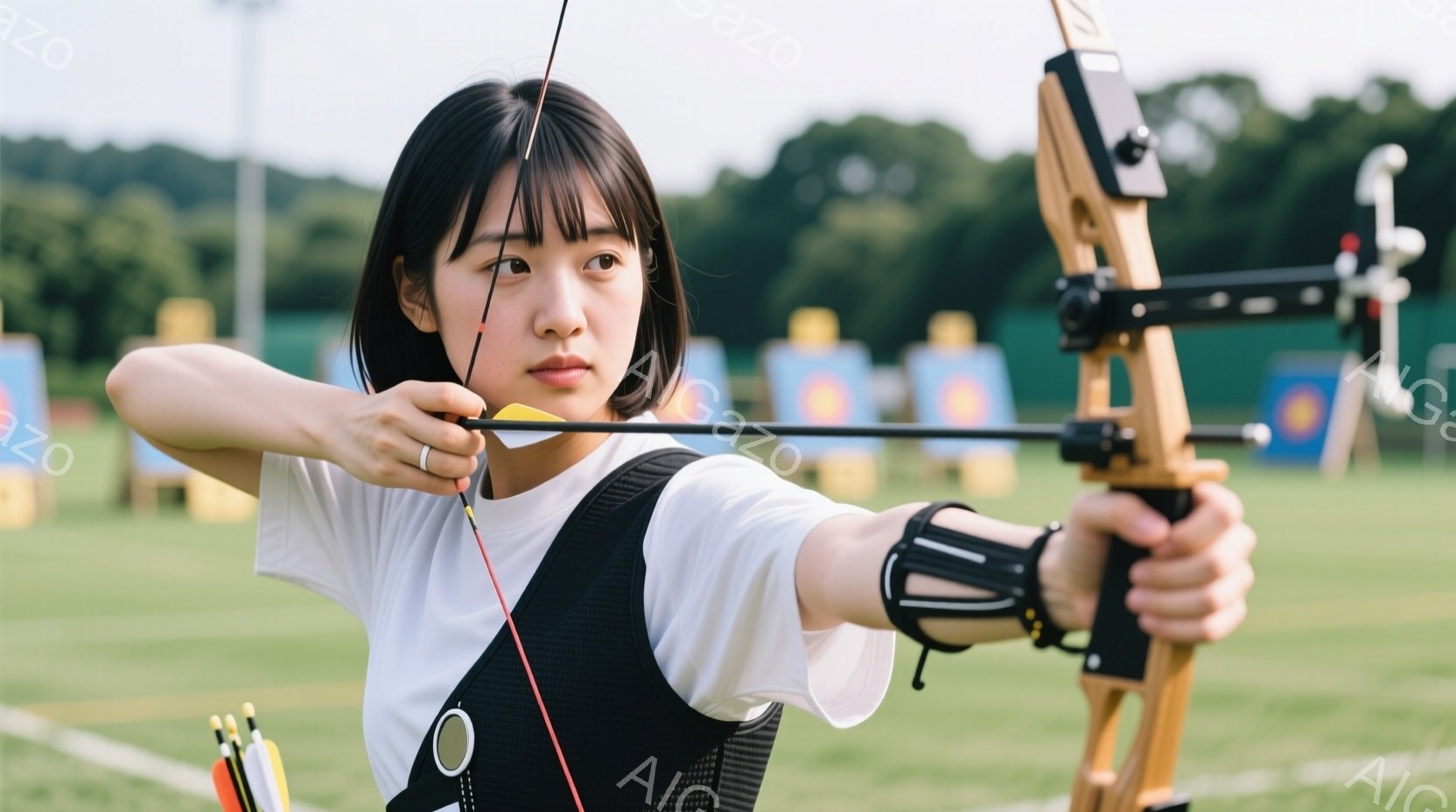 この女性はアーチェリーの練習をしている様子で、白いTシャツに黒いベストを着用し、短くダークブラウンのヘアスタイルに整えています。彼女は弓を引き、ターゲットに向けて集中した表情を浮かべており、姿勢は非常 - AI生成フリー素材