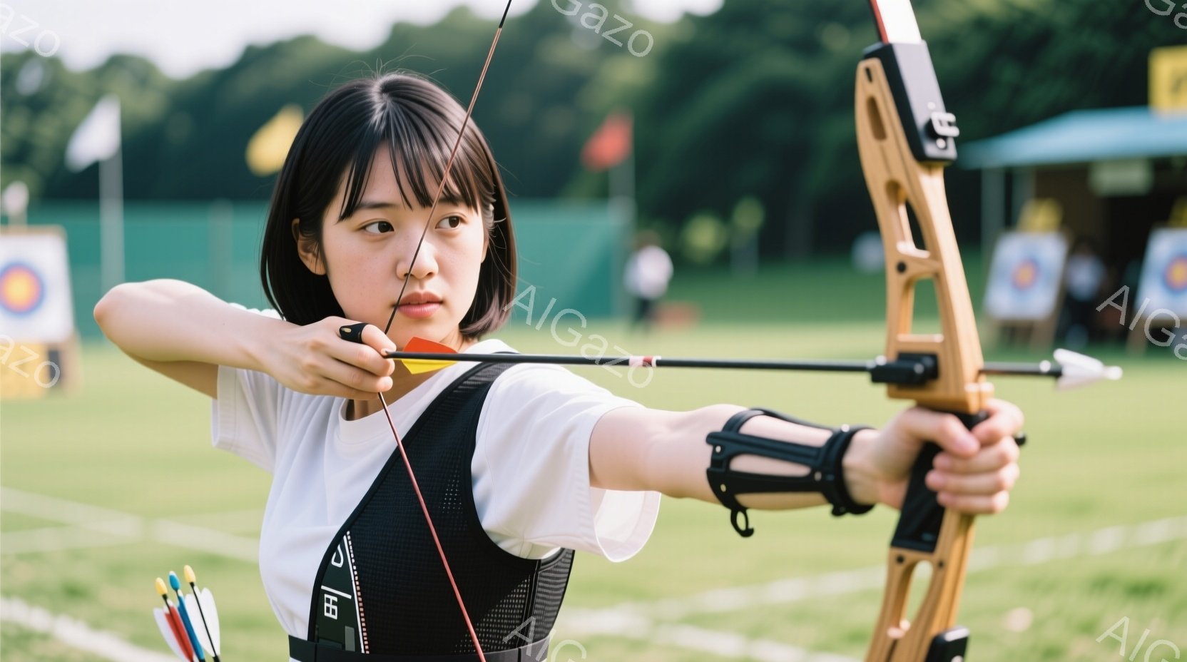 女性は白いTシャツと黒のベストを着用し、髪は前髪を少し残して後ろでまとめている。彼女は弓を引き、ターゲットに向けて集中した表情で構えている。背景には緑豊かな自然と、遠くに見える建物があり、晴天の下、競 - AI生成フリー素材