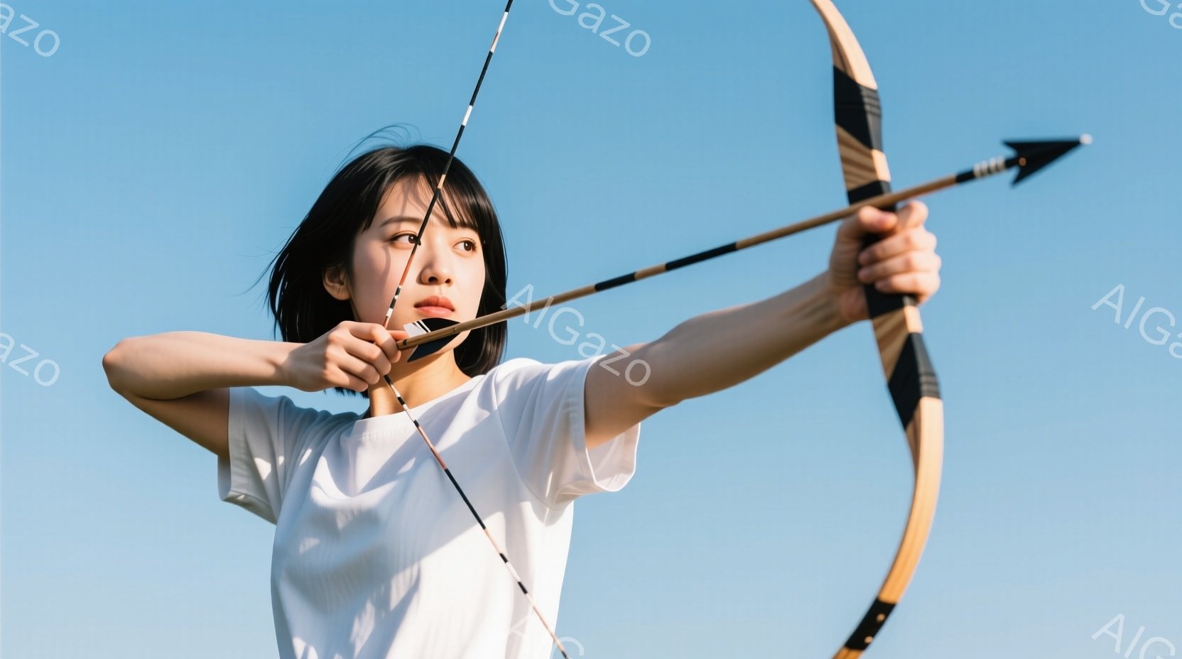 彼女は白いTシャツを着て、髪を後ろで一つにまとめている。弓を持ち、矢を引いて標的を狙う姿勢は、集中力と決意に満ちている。背景は晴れた青空で、彼女の姿が際立っている。 - AI生成フリー素材