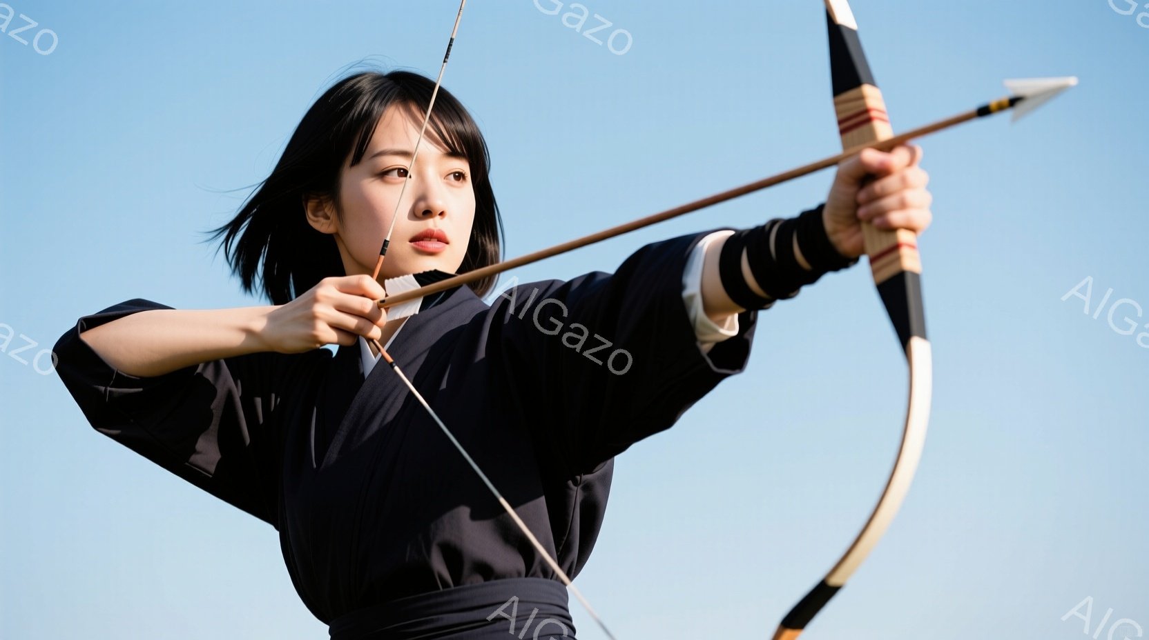 黒い着物姿の女性が、弓を引き絞り、矢を放とうとしている姿が描かれている。髪は短く黒く、表情は真剣で集中しており、背景には晴れた青空が広がっている。 全体的に、日本の伝統的な弓道を行う女性の力強く美しい - AI生成フリー素材