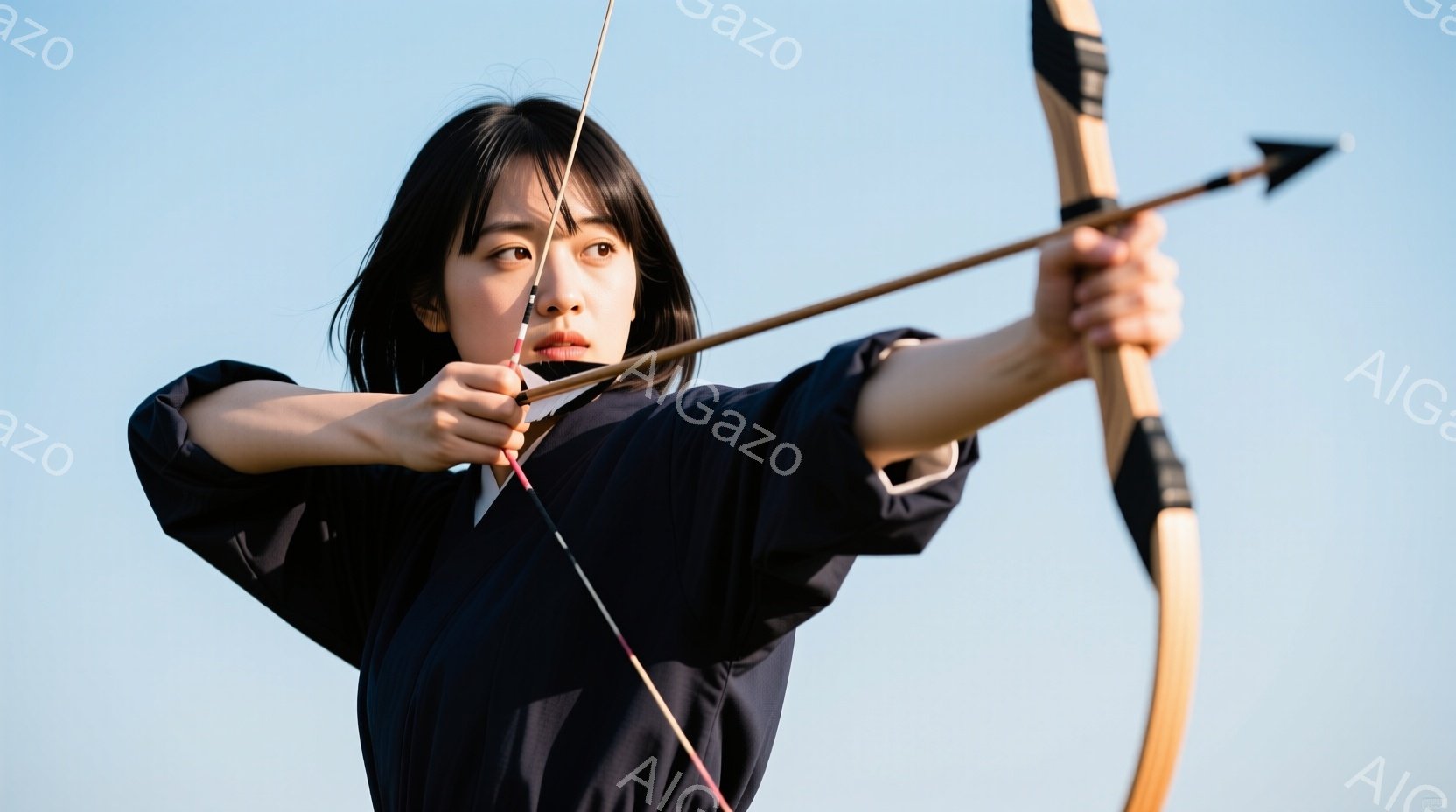 紺色の着物のような服装をした若い女性が、弓を構えて矢を射る準備をしている。彼女は黒い髪をセンターパートにしており、集中した表情で前を見据えている。背景は晴れた空で、全体的に凛々しく、力強い雰囲気を醸し - AI生成フリー素材