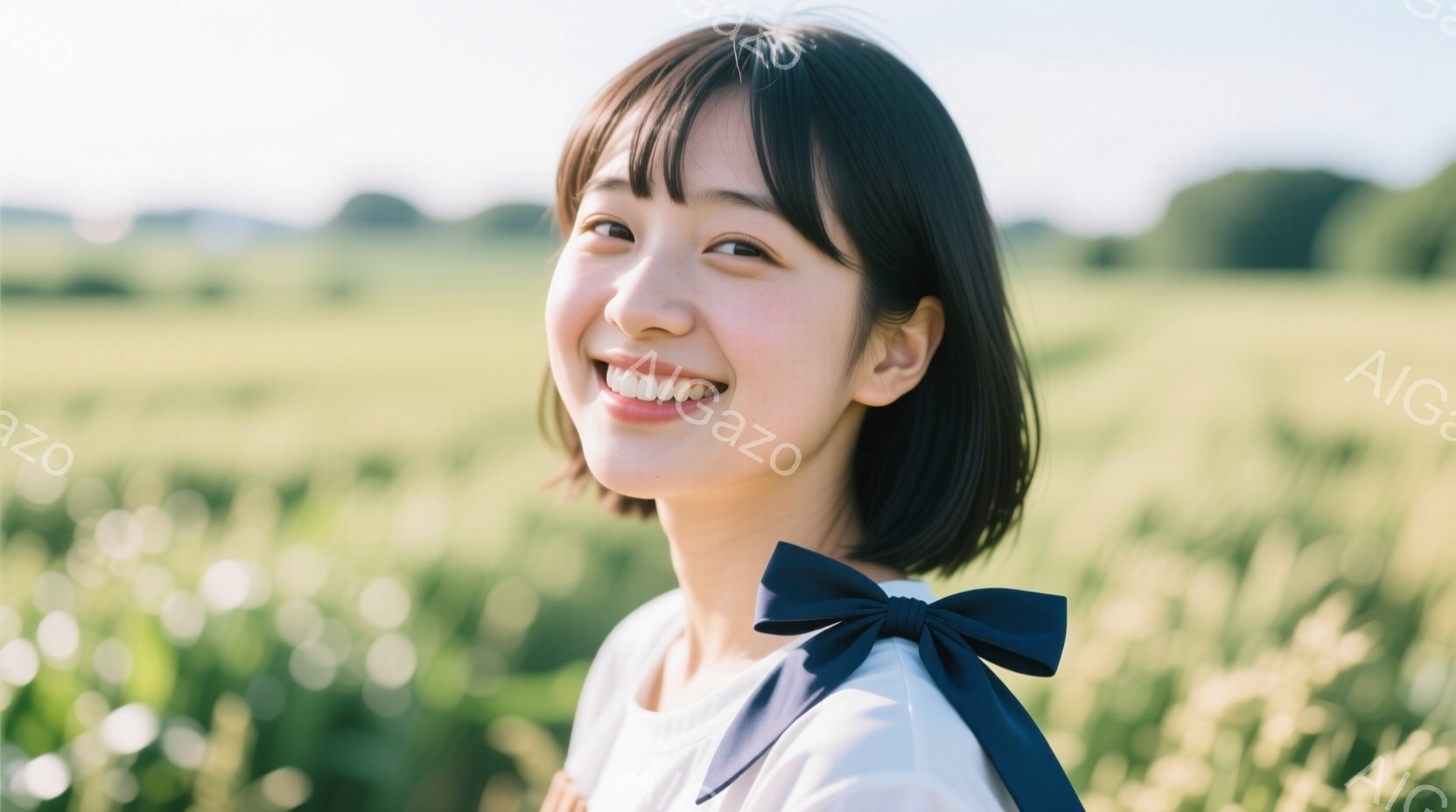 若い女性が笑顔でこちらを見ています。彼女は白いブラウスに濃い青色のリボンをつけており、短めのボブヘアが特徴的です。背景には緑豊かな植物が生い茂る草原が広がり、晴れた日の穏やかな雰囲気が漂っています。