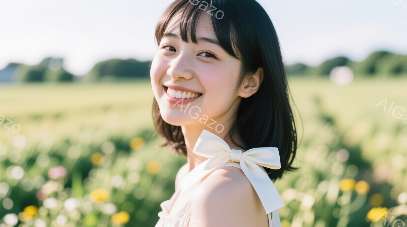 明るい笑顔を浮かべた若い女性が写っている。彼女は肩までの長さの黒髪で、白いリボンが付いた淡い色のトップスを着ている。背景には黄色い花が咲き乱れる草原が広がり、晴れた日の穏やかな雰囲気が漂っている。