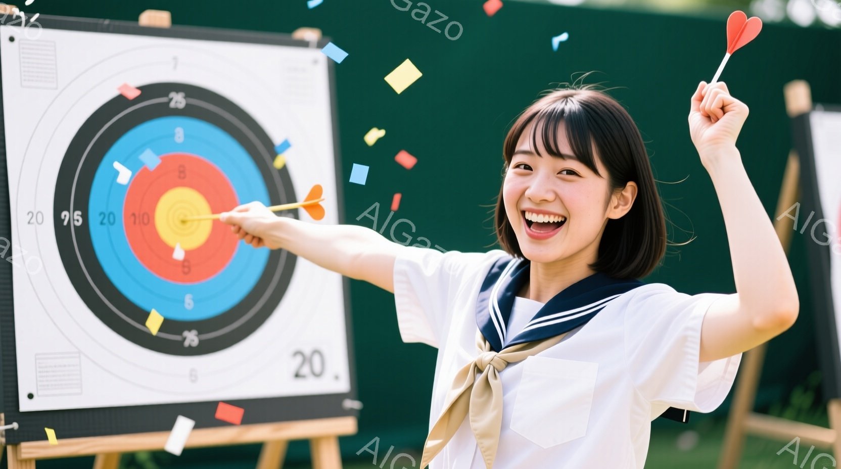 笑顔の女性が、ダーツボードに向かってダーツを投げている写真です。彼女は白いシャツにネイビーのネクタイとリボンで、カジュアルな装いです。背景にはダーツボードが設置され、コンフェッティが舞う、明るく楽しい雰囲気が漂っています。