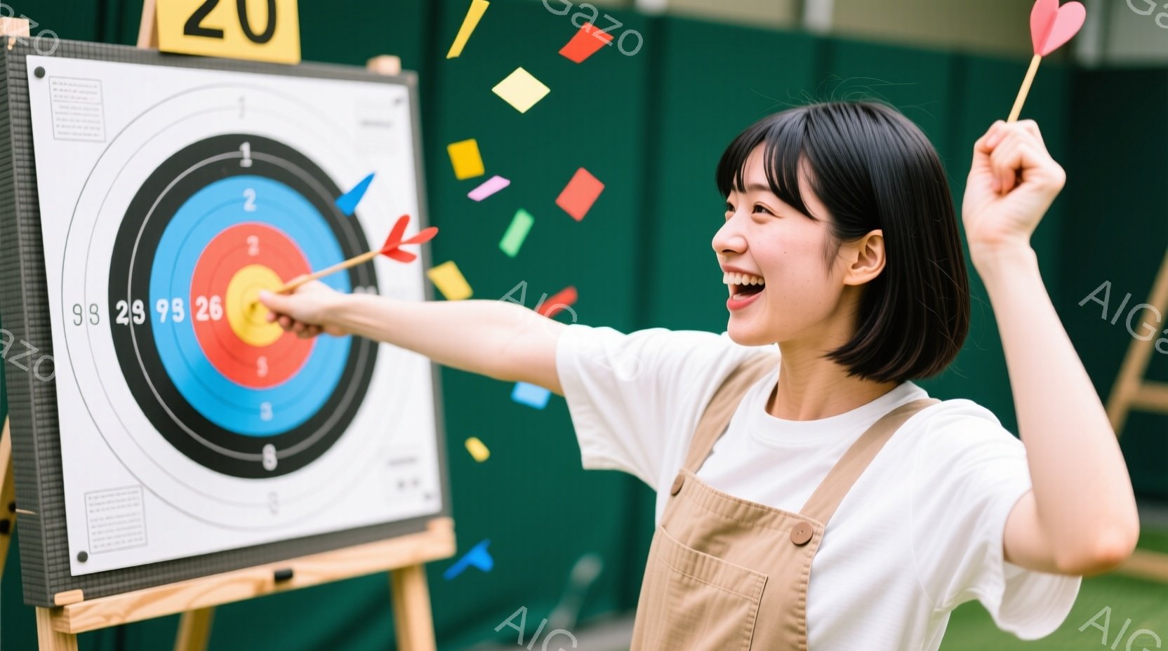 若い女性がダーツボードに向かってダーツを投げている写真です。彼女は白いTシャツにオーバーオールの衣装で、満面の笑みを浮かべ、髪は肩までの長さでダークブラウンです。背景は緑色で、紙吹雪が舞い上がり、勝利 - AI生成フリー素材