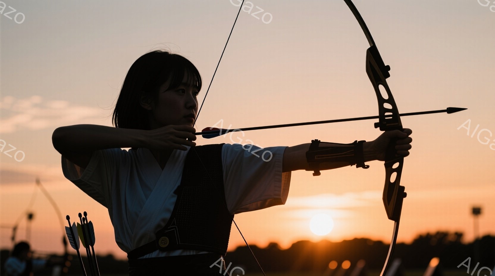 アーチェリーの選手が夕焼けを背景に射撃の構えをとっています。白いシャツに黒いベストを着用し、髪は短く切り揃えられています。背景にはオレンジ色の夕焼けと、遠くに見える建物のシルエットがあり、集中した競技 - AI生成フリー素材