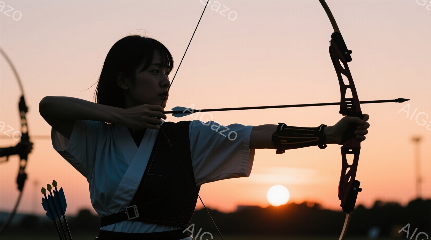 競技場の夕焼けを背景に、弓を構える女性が描かれている。彼女は白いシャツに黒いベストとパンツ姿で、髪は後ろで一つに結ばれている。夕焼け空とシルエットによって、力強く集中した雰囲気が表現されている。 - AI生成フリー素材