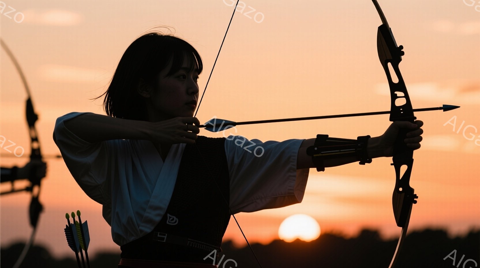 弓を構える女性がシルエットで描かれている。彼女は白いシャツと黒のベストを着用し、短髪で前髪が目にかかっている。背景は夕焼けに染まり、太陽が地平線から昇るかのように輝いており、集中した雰囲気を作り出して - AI生成フリー素材