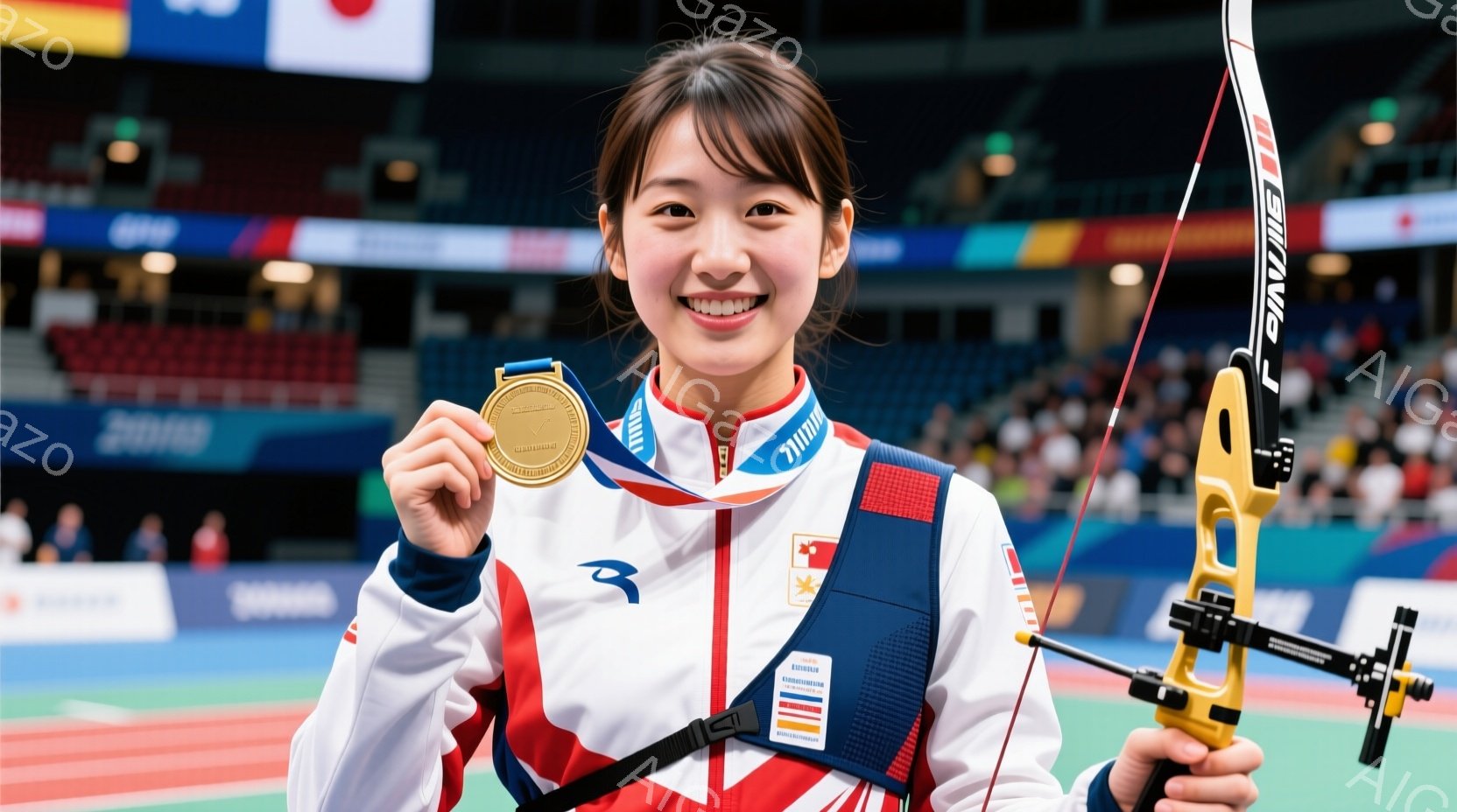 競技場で金メダルを掲げる女性アーチャーが写っている。彼女は白いジャケットに赤と青のラインが入っており、髪は後ろで一つにまとめられている。背景には観客席が見え、競技場の雰囲気を感じさせる。