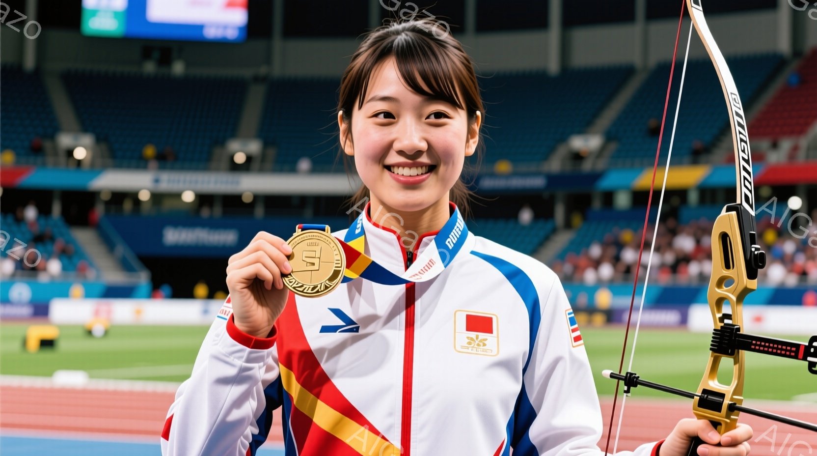 競技場を背景に、メダルを首から下げて微笑む女性アーチャーが写っている。白いジャケットと青いパンツのスポーティーな服装で、髪は後ろで束ねられている。背景には観客席とトラックがあり、競技場全体の活気と勝利 - AI生成フリー素材