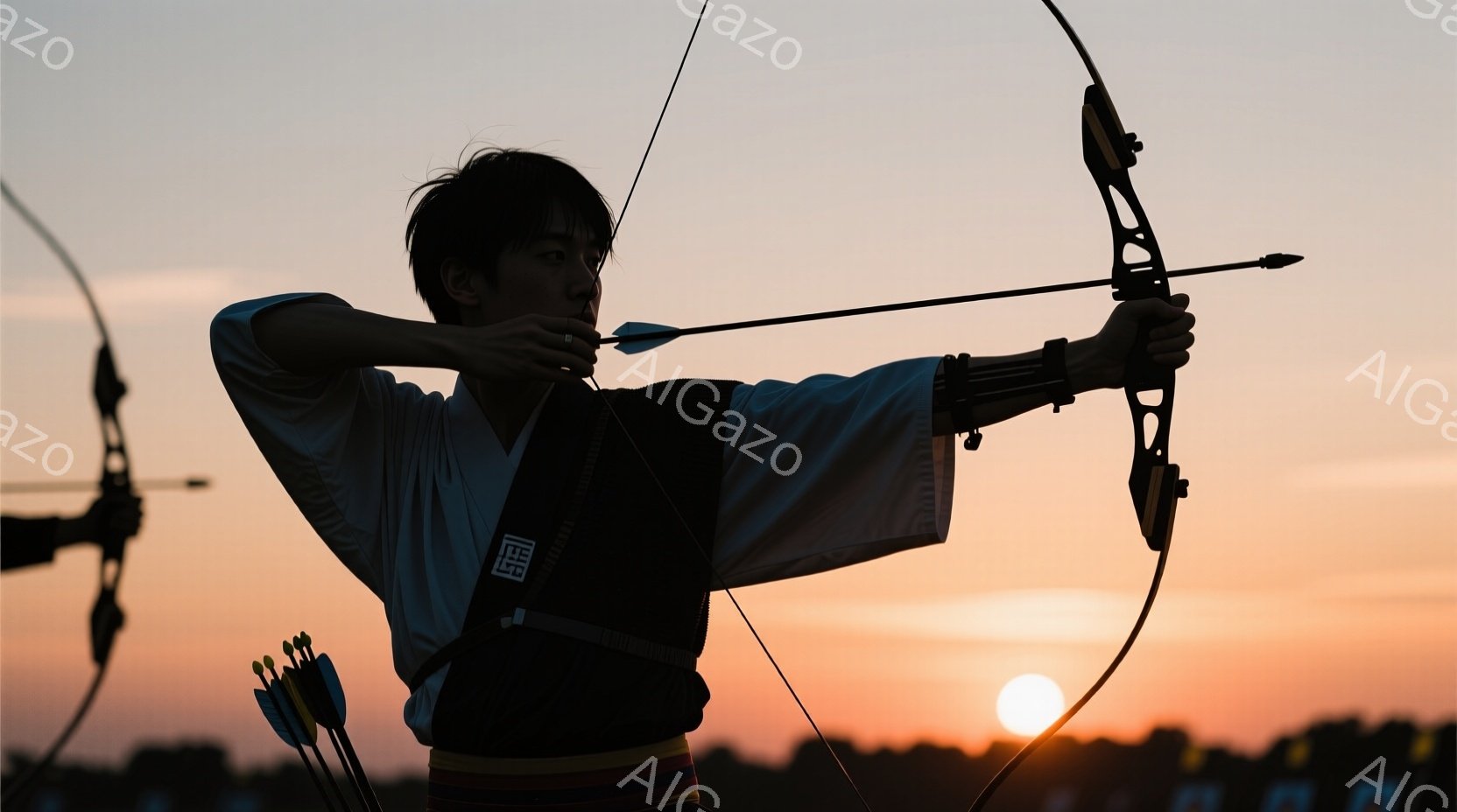 射手は白と黒の衣装を身につけ、引き締まった表情で弓を構えています。背景には夕焼けの空が広がり、オレンジ色と赤色のグラデーションが印象的です。遠くには建物のシルエットが見え、スポーツ競技場の風景が広がっ - AI生成フリー素材
