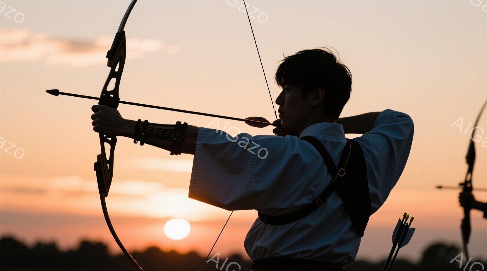 弓を構える男性のシルエットが印象的な写真です。白い柔道着のような服装で、髪は短く、引き締まった表情で集中して標的に向かっている様子がわかります。背景は夕焼けに染まり、遠くには木のシルエットが見え、静か - AI生成フリー素材