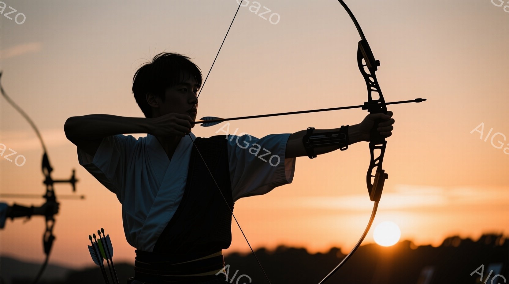 弓を構える男性がシルエットで描かれている。彼は白の着物のような服と黒の帯を身に着けており、短髪で真剣な表情をしている。背景は夕焼けに染まった空と遠くの山々で、全体的に厳粛で集中した雰囲気を醸し出してい - AI生成フリー素材