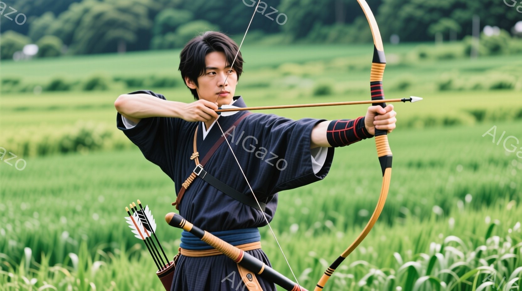 若い男性が弓を持ち、矢を引いている姿が写っている。彼は黒い着物と兵児帯（へこおび）を身に着け、肩には矢筒（やづつ）を提げている。背景には緑豊かな田園風景が広がり、晴天の下、自然の中で弓術に励む様子が伝わる。
