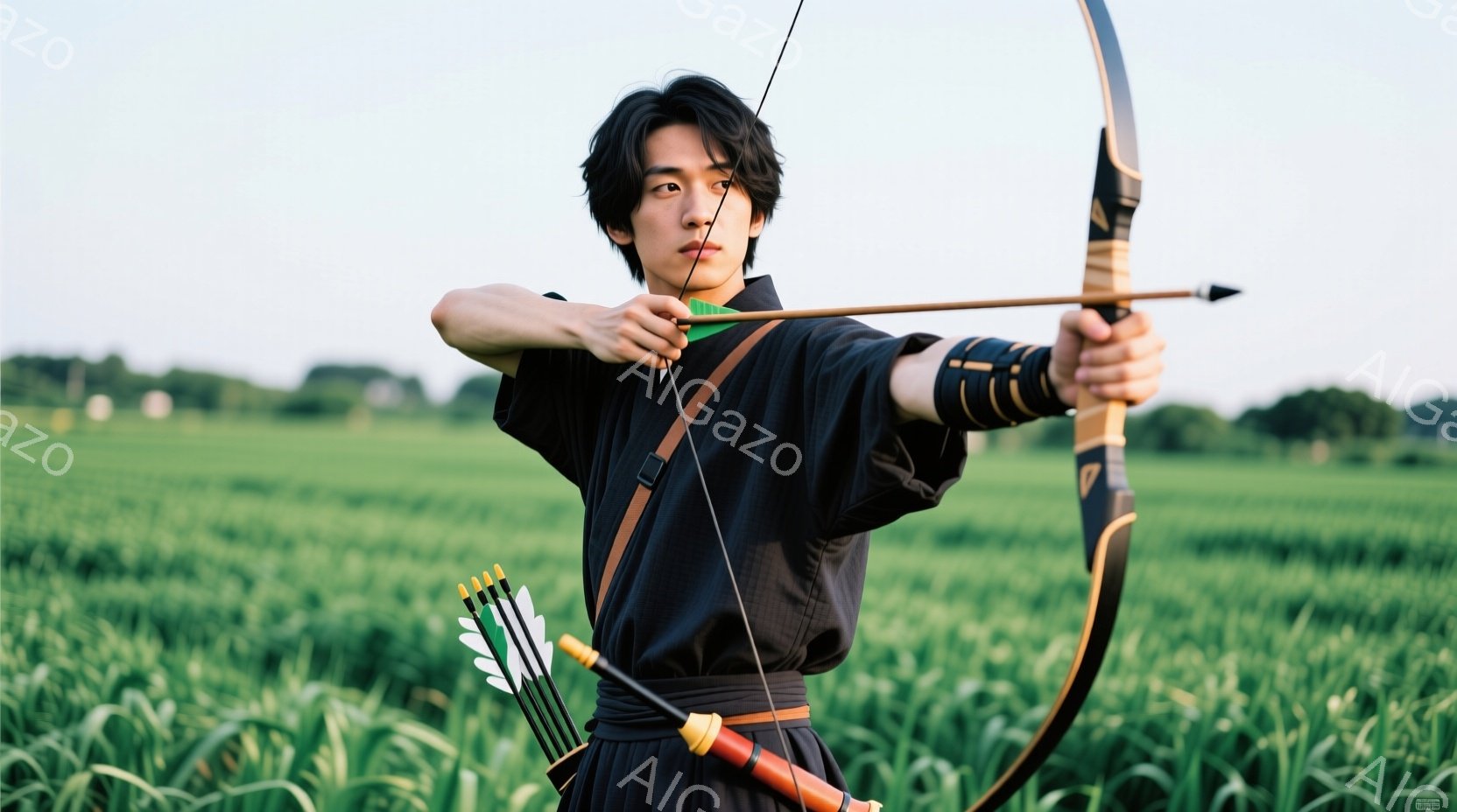 若い男性が弓を構え、矢を放とうとしている姿が写っている。彼は黒い着物のような服を着ており、茶色の帯で締めている。背景は緑豊かな田園風景で、天候は晴れで、全体的に静かで集中した雰囲気が漂っている。 - AI生成フリー素材