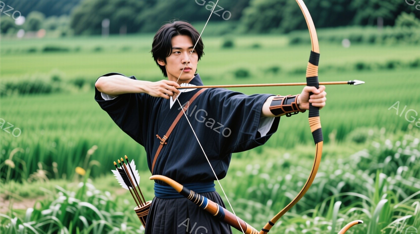 若い男性が弓を構え、矢を放とうとしている姿が描かれています。彼は黒い着物と袴を身に着け、髪は後ろで一つに結ばれています。背景には緑豊かな田園風景が広がり、穏やかな天候であることがわかります。