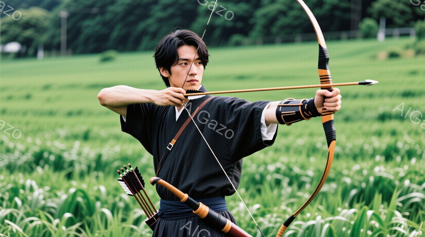 若い男性が弓を構え、矢をつがえている。彼は黒い着物のような服装で、腰に帯が巻かれ、肩には矢筒が吊り下げられている。背景には緑豊かな草が生い茂り、遠くにはぼんやりとした建物が見え、穏やかで集中した雰囲気 - AI生成フリー素材
