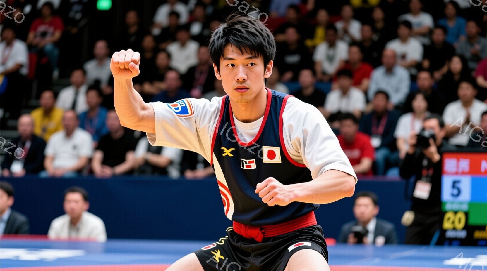 競技場の中央で、日本の柔道着を着た若い男性が、力強く拳を握り上げています。彼は黒い柔道着に赤い縁取りがあり、左胸には日本の国旗のワッペンが付いています。背景には観客席がぼやけて見え、競技場の熱気と興奮が伝わってきます。