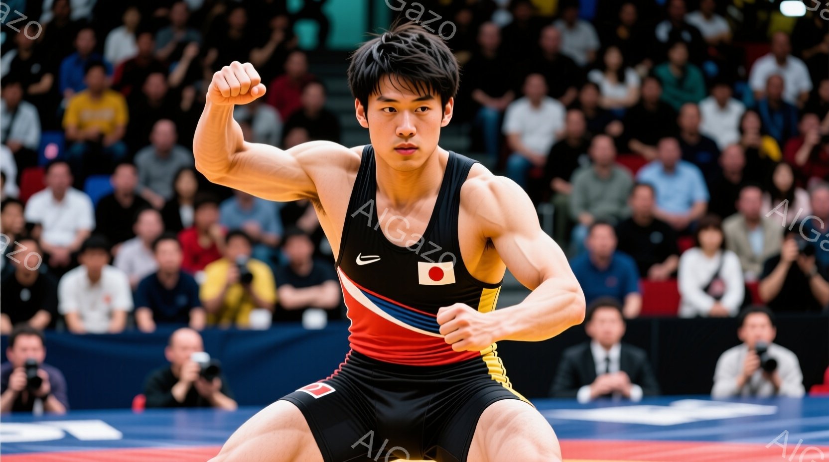 競技者はレスリング用のユニフォーム（黒、赤、黄色、白のストライプ）とショーツを着用し、力強く拳を突き上げています。彼の髪型は短く、表情は勝利を確信した自信に満ちています。背景には観客席が広がり、競技場の床は青色のマットで覆われています。