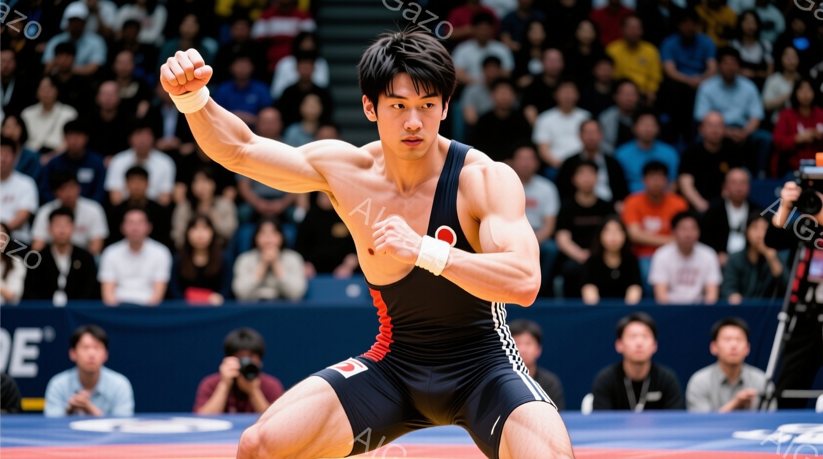 レスリングの選手がリング中央で力強くポーズをとっています。彼は紺色のレオタード姿で、赤いラインと日本の旗のマークが施されています。観客席は人で埋め尽くされており、リングは青いマットで、活気にあふれた競 - AI生成フリー素材