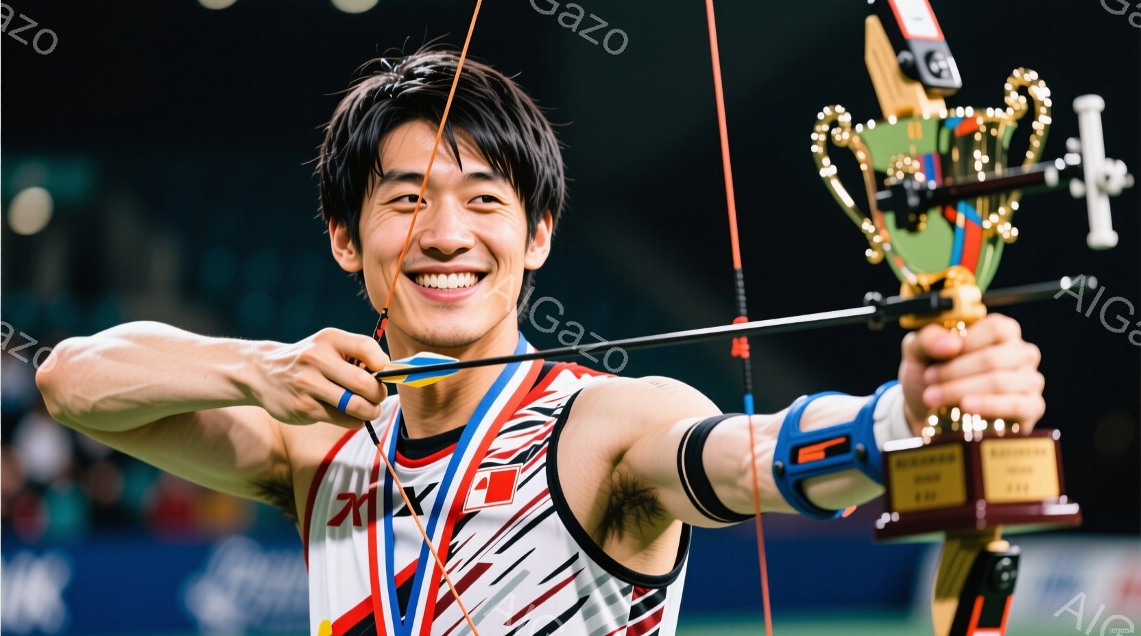 競技者は白いユニフォームに赤と青のストライプが入り、首にはメダルをかけている。彼は弓を引き、集中した笑顔を浮かべながらターゲットに向かっている。背景にはぼやけた観客席とトロフィーが見え、競技場の活気と - AI生成フリー素材