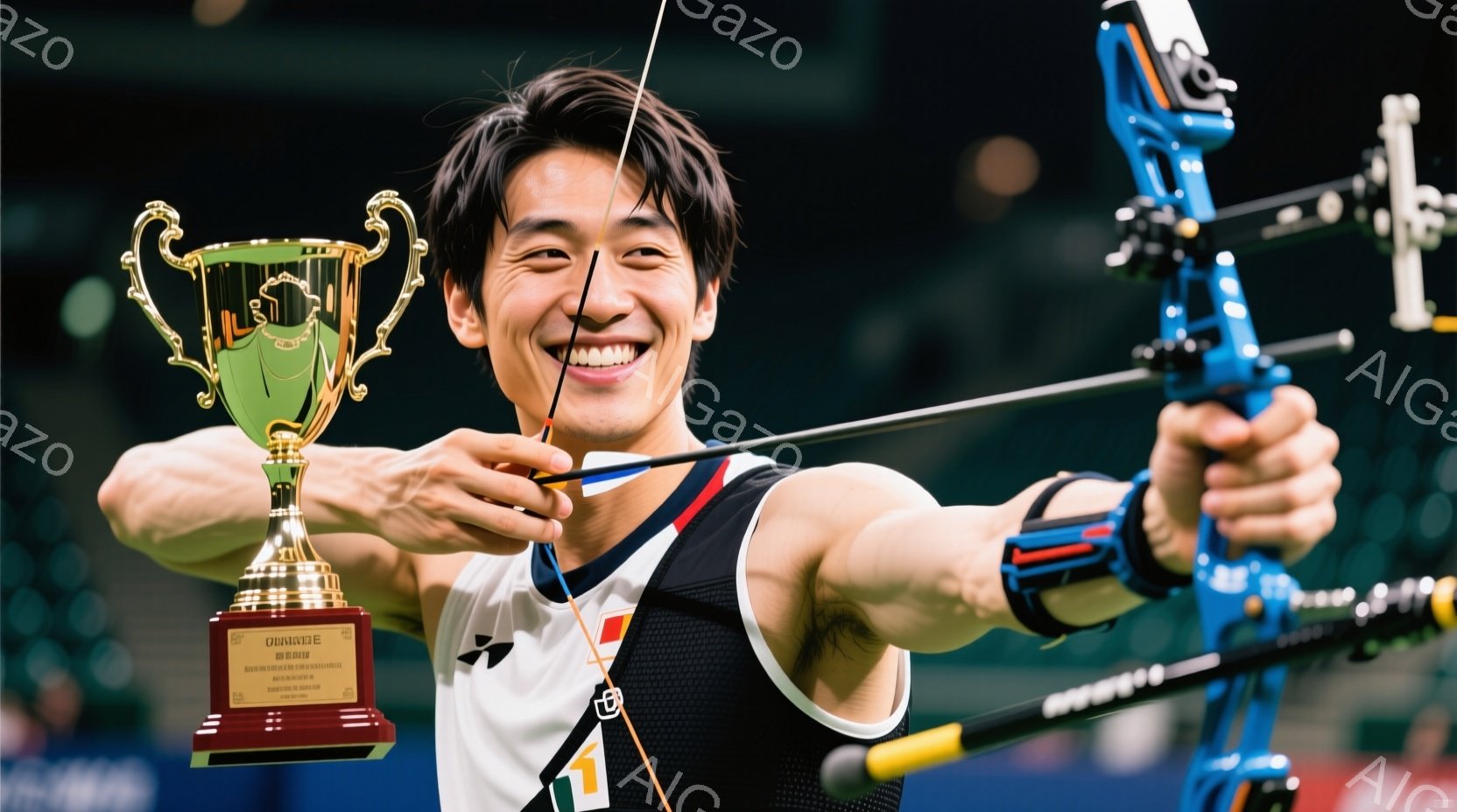 競技者が弓を引き絞り、目標に向かって構えている姿が写っている。彼は黒いタンクトップと白いショートパンツを着用し、髪は短く整えられ、満面の笑みを浮かべている。背景にはぼやけた観客席が見え、勝利の喜びと集 - AI生成フリー素材