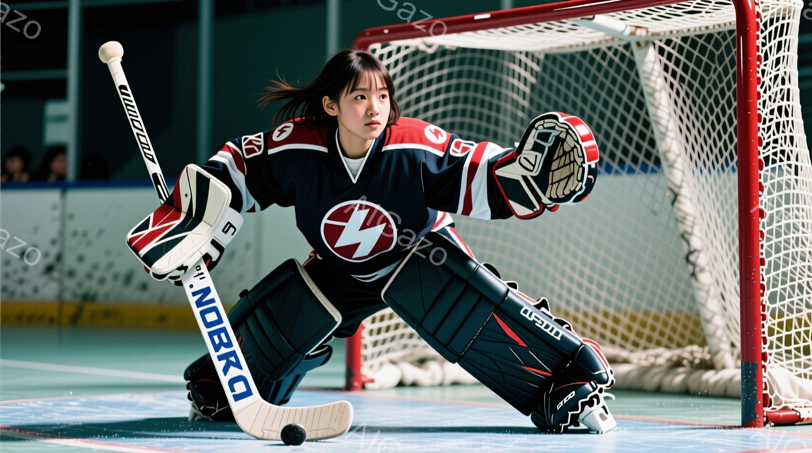 黒と白を基調としたアイスホッケーのユニフォームを着た女性が、ゴールキーパーの構えで膝をついています。彼女は髪を後ろで一つにまとめ、集中した表情でホッケーのパックを見つめています。背景にはアイスホッケーのゴールネットと、ぼやけた観客席が見え、試合の緊張感が伝わってきます。