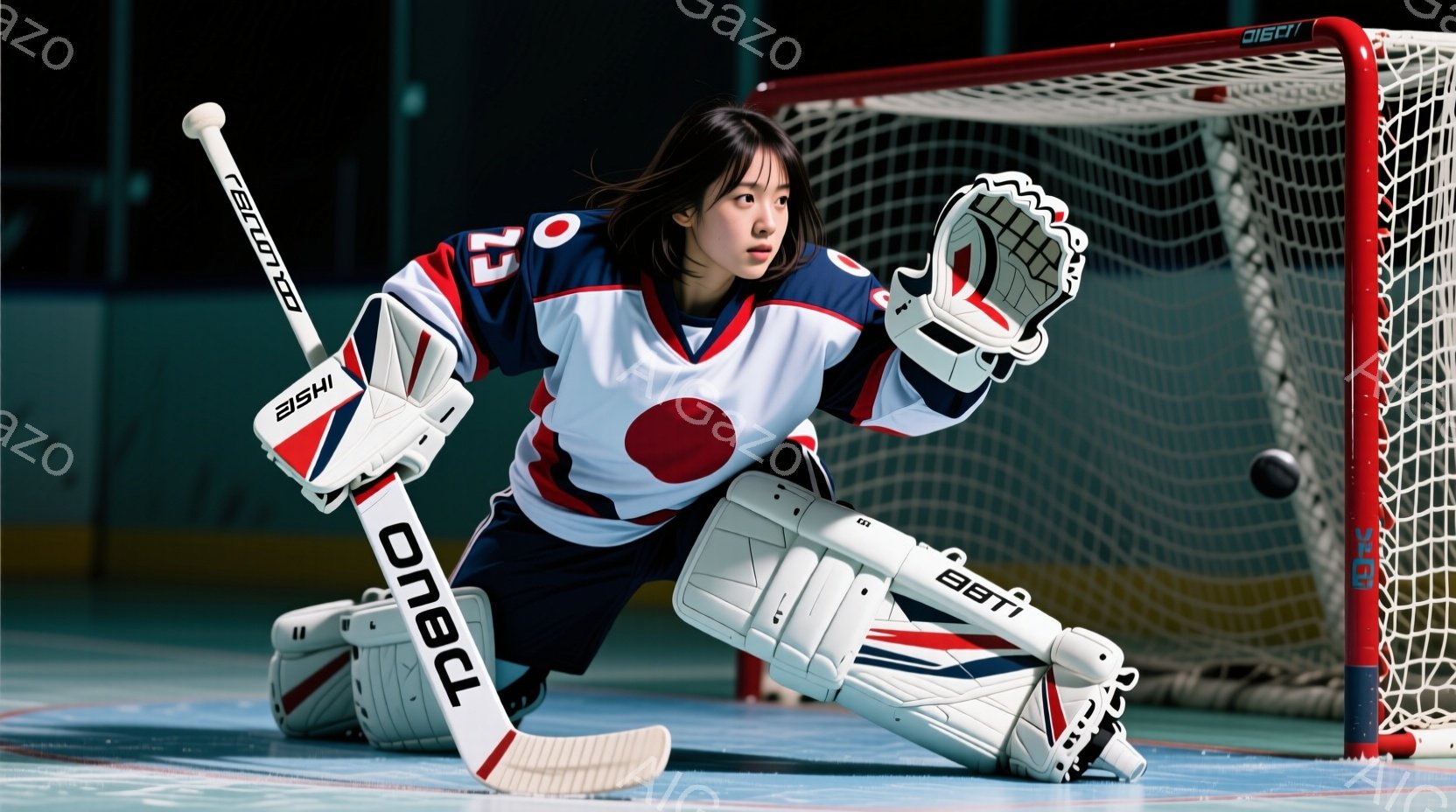 アイスホッケーのゴールキーパーの女性が、膝をつき、守備の構えをとっています。彼女は白いアイスホッケーユニフォームに日本の国旗を彷彿とさせるデザインの青いラインが入っており、ヘルメットを被り、守備用の手袋とパッドを着用しています。背景はアイスホッケーリンクの床で、ゴールネットがはっきりと見えます。