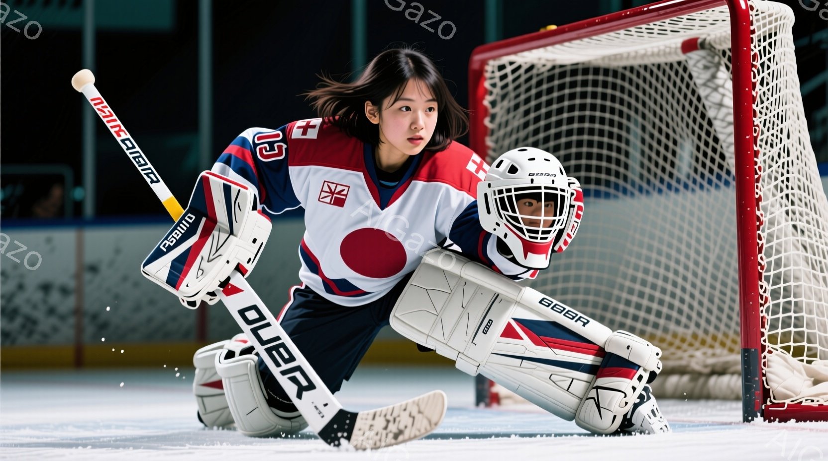 画像はアイスホッケーのゴールキーパーの女性選手を捉えています。彼女は赤、白、青の日本のチームジャージを着用し、ヘルメットとプロテクターで身を固めており、集中した表情でゴールを守る姿勢をとっています。背景はアイスホッケーリンクで、ネットが鮮明に写っており、競技に集中した緊張感のある雰囲気を醸し出しています。