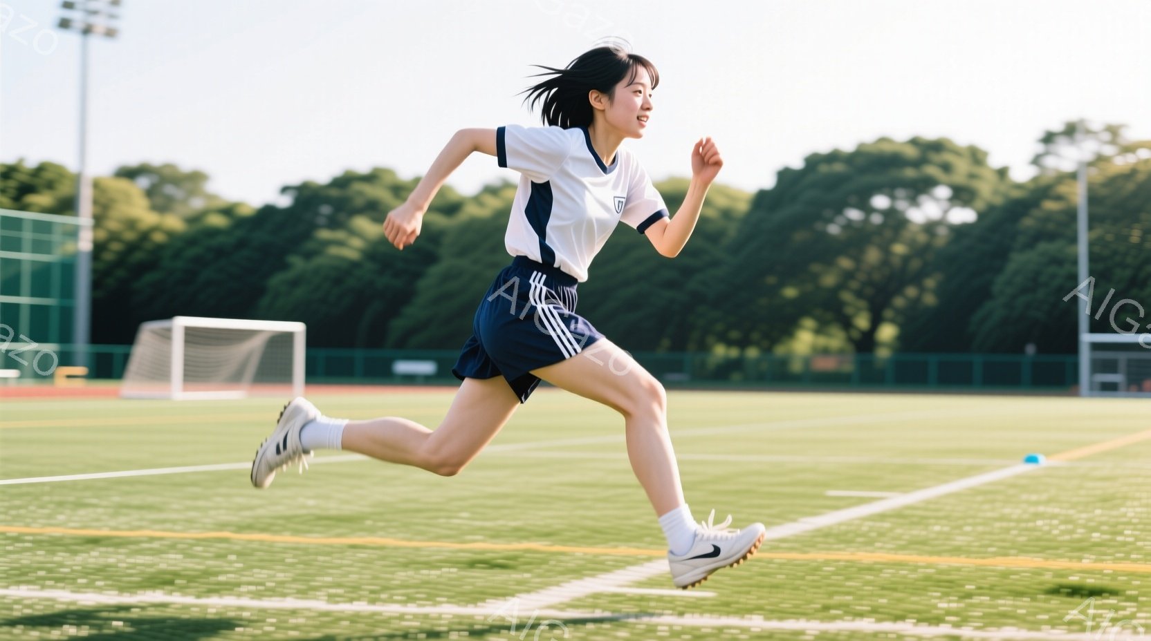 若い女性がサッカーコートで走っている様子が写っている。彼女は白い半袖のユニフォームと紺色のショートパンツ、白のソックスとスパイクを履いており、髪は後ろでポニーテールに結ばれている。背景には緑豊かな芝生 - AI生成フリー素材