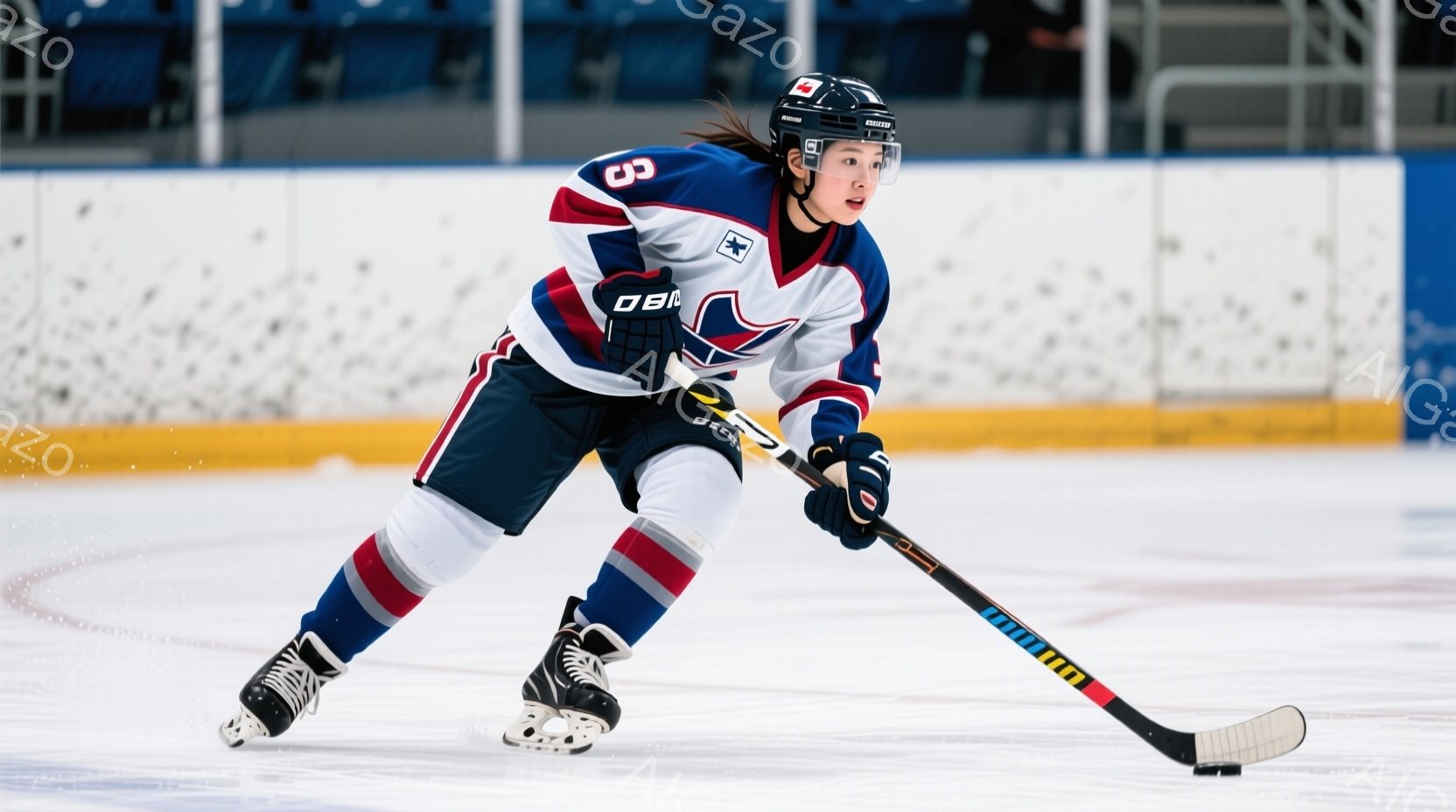 アイスホッケー選手がリンク上でプレーしている様子が写っています。紺と赤のストライプが入ったユニフォームを着て、黒いヘルメットとプロテクターを装備し、集中した表情でホッケーのスティックを構えています。背 - AI生成フリー素材