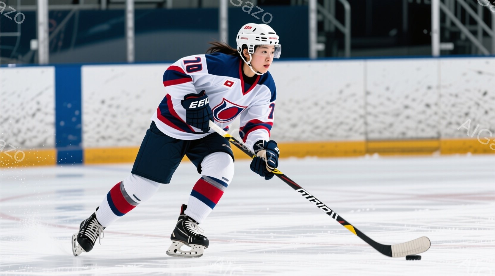 アイスホッケー選手が氷上でプレーしている様子が写っている。紺と赤のストライプが入った白いユニフォームを着ており、黒いヘルメットを被り、長い髪を後ろでまとめてある。選手は前かがみになり、スティックを握り、集中した表情でパックを見つめている。