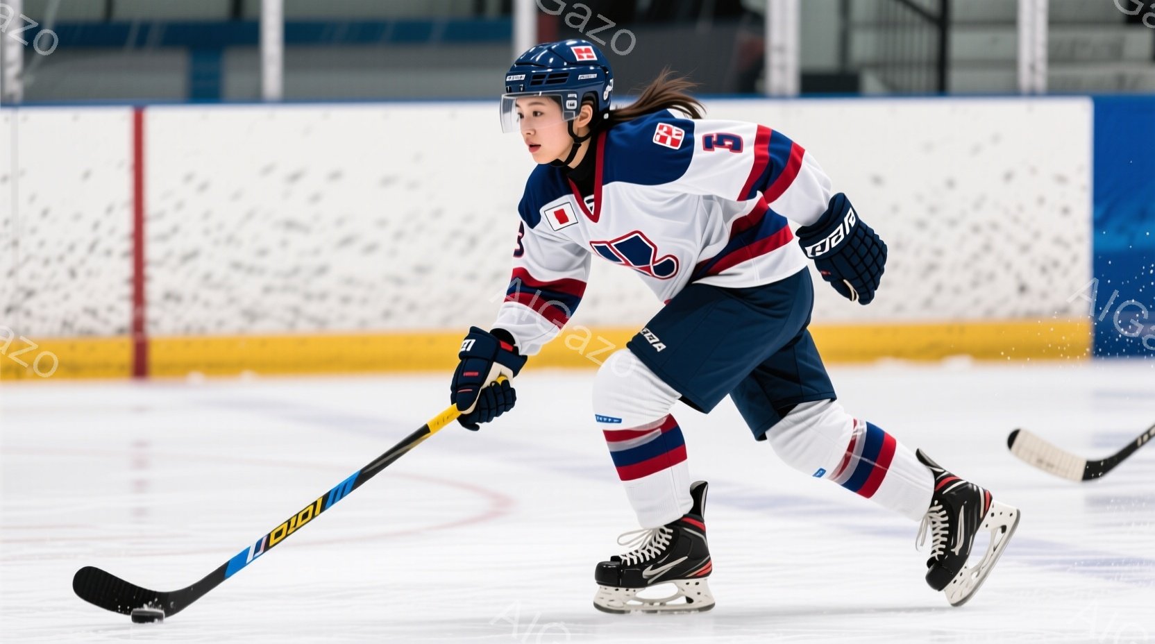 アイスホッケー選手がリンク上を滑走している様子が写っている。紺と白を基調としたユニフォームを着用し、黒のヘルメットとプロテクターを装備している。選手は前傾姿勢でホッケーのスティックを握り、集中した表情 - AI生成フリー素材